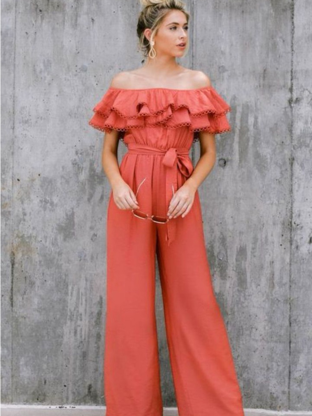 Flying Tomato Poppy Red Off The Shoulder Jumpsuit